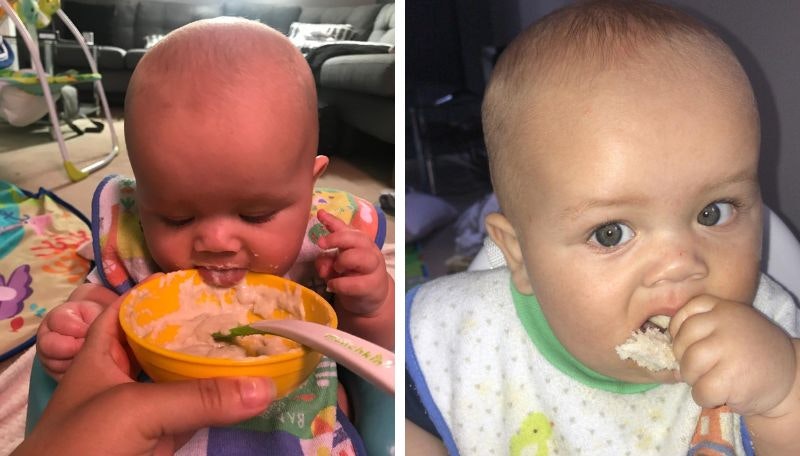 6 month old George James enjoying food. Both baby lead weaning and spoon fed.