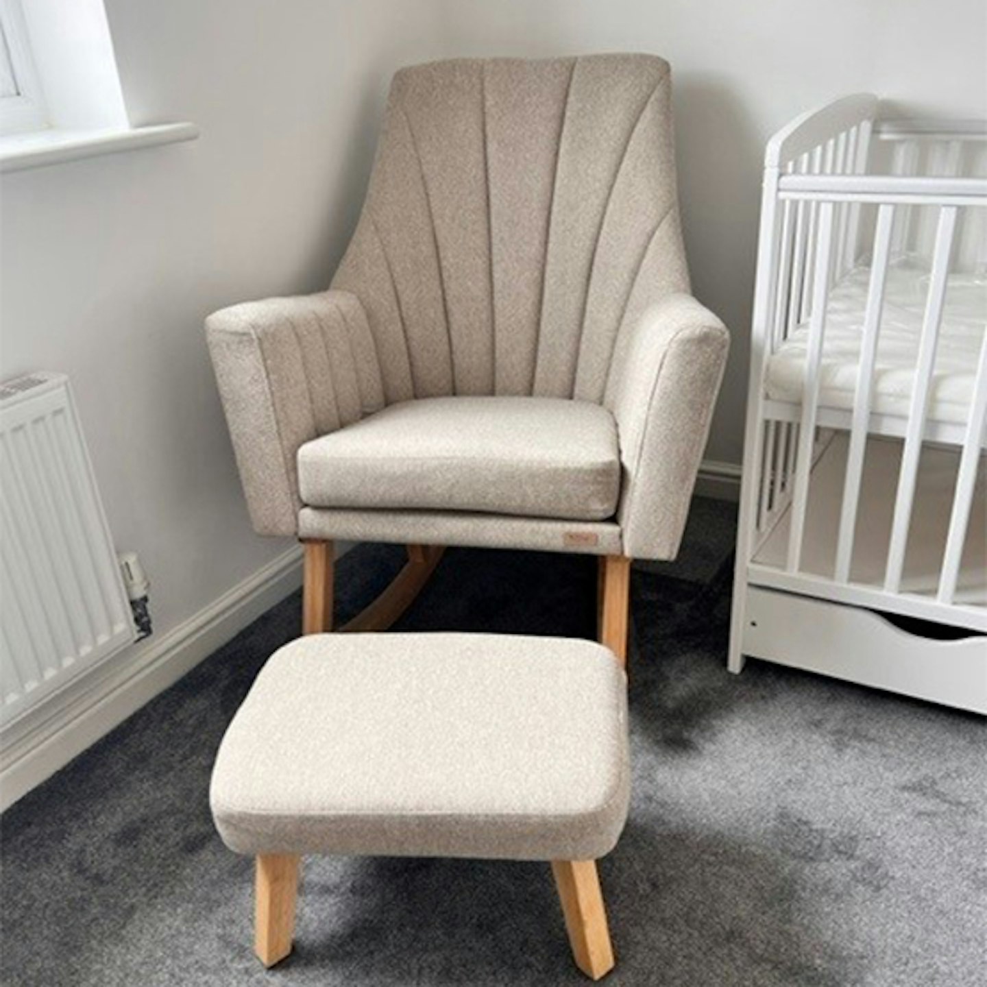 Tutti Bambini Jonah Rocking Chair with footstool in corner of baby's nursery room