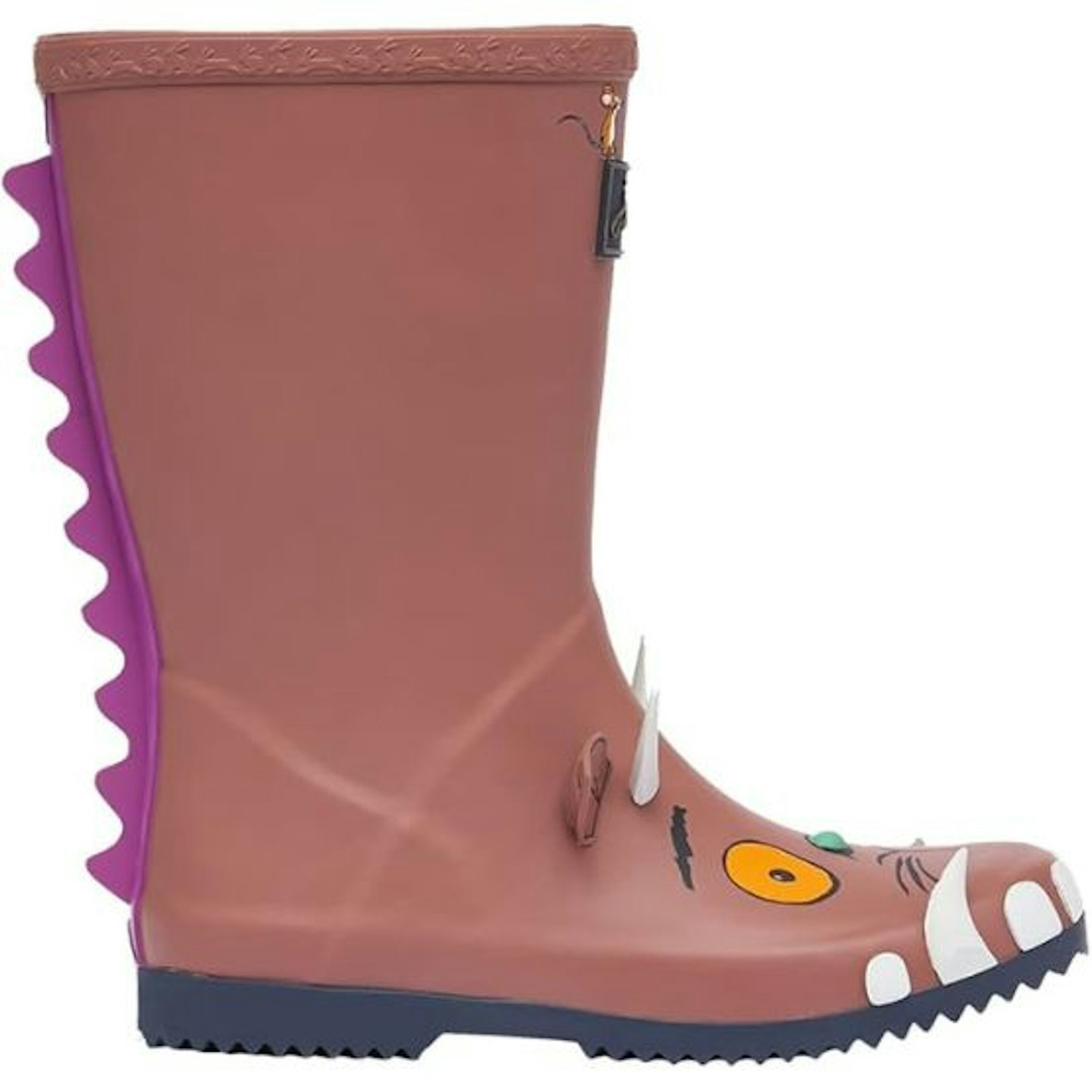 Gruffalo wellies in brown with a purple prickle down the back and Gruffalo face on the front