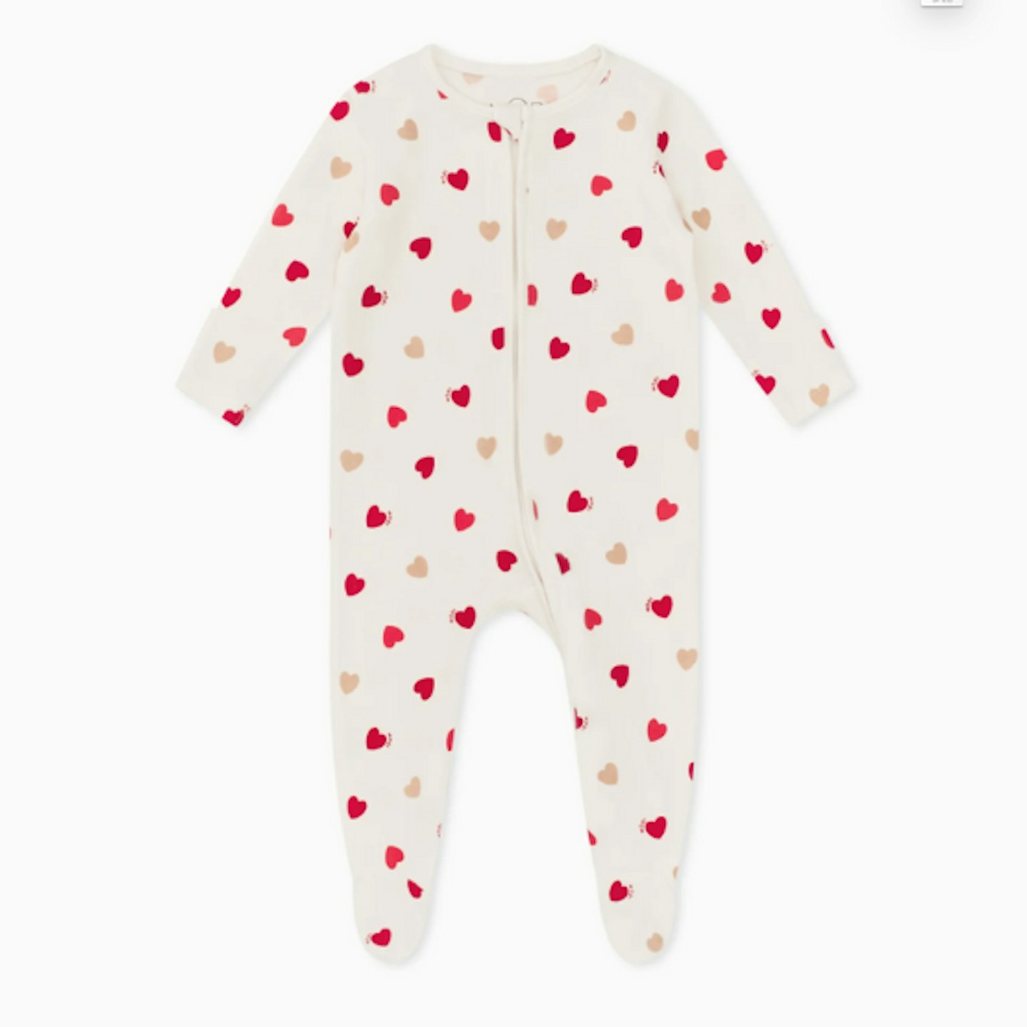 white sleepsuit baby grow with red hearts baby mori on a white background