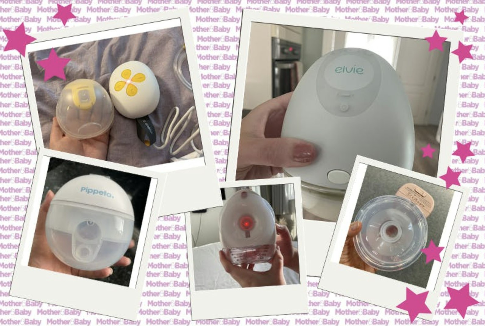 A collage of images showing testers using hands free breast pumps