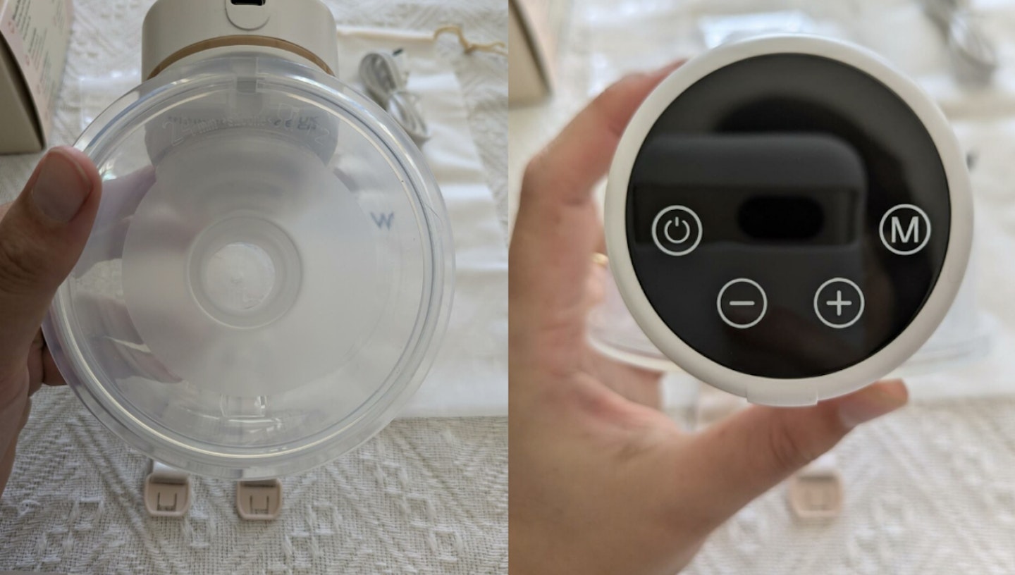 Collage of two images showing a real mum holding the Fraupow Wearable hands free Breast Pump