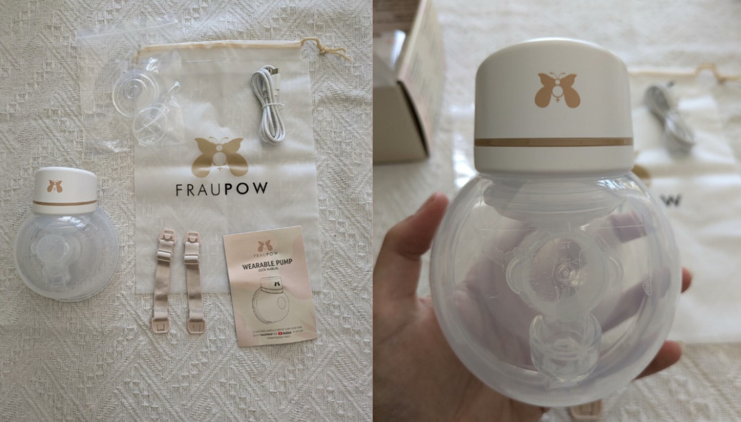 Collage of two images showing a mum holding the  Fraupow Wearable hands free Breast Pump 