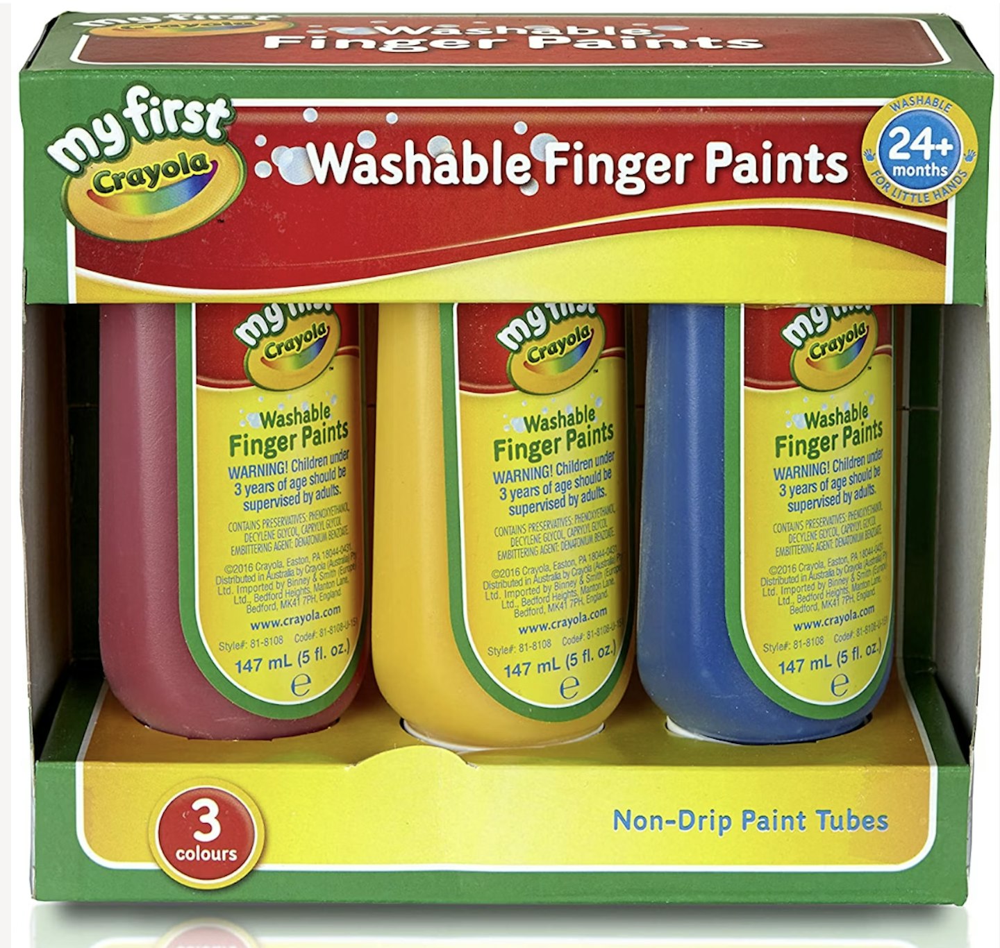 A pic of three CRAYOLA MyFirst Washable Finger Paints red, yellow and blue