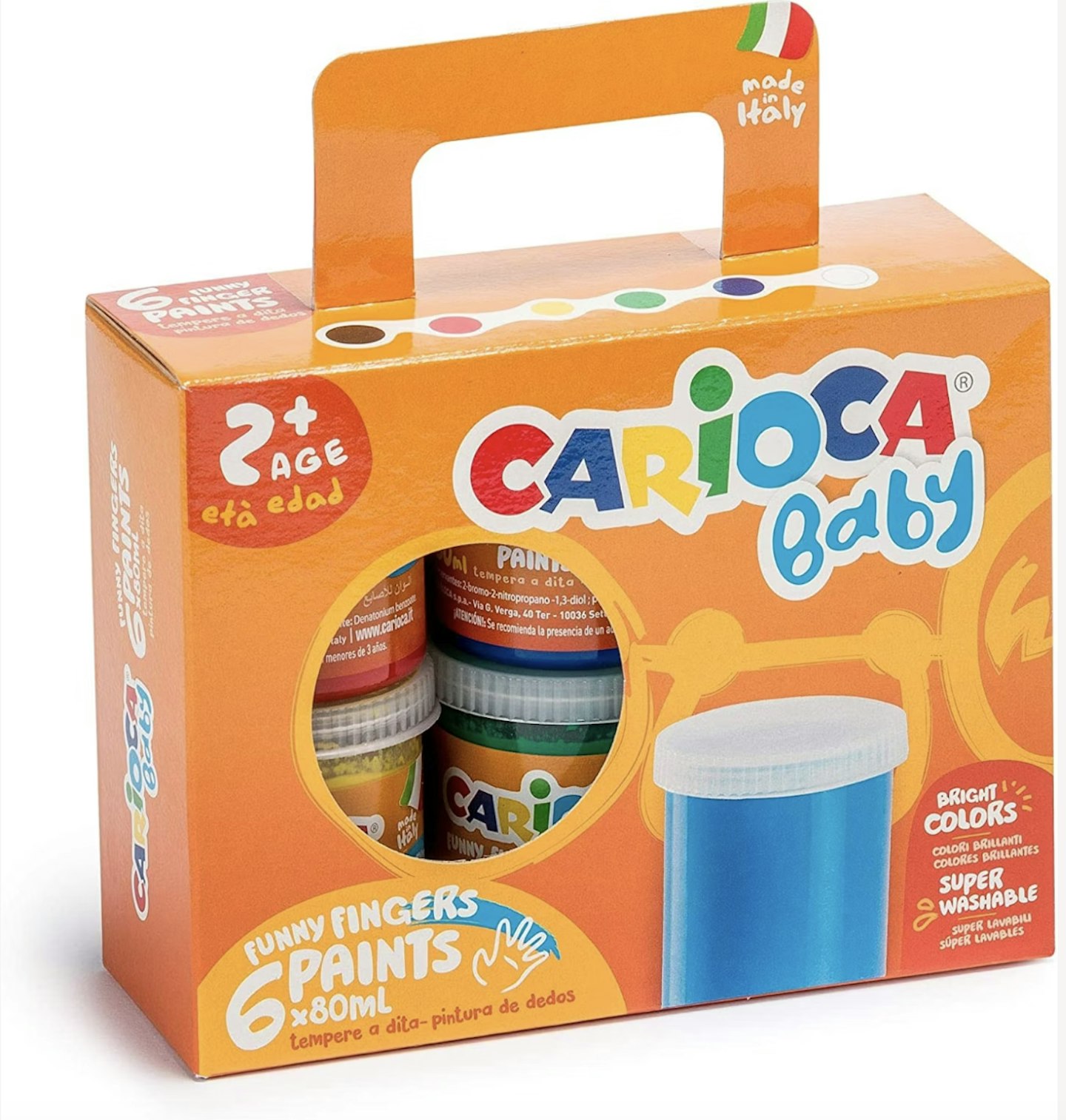 An orange carioca baby paint box with 6 paint tubs included