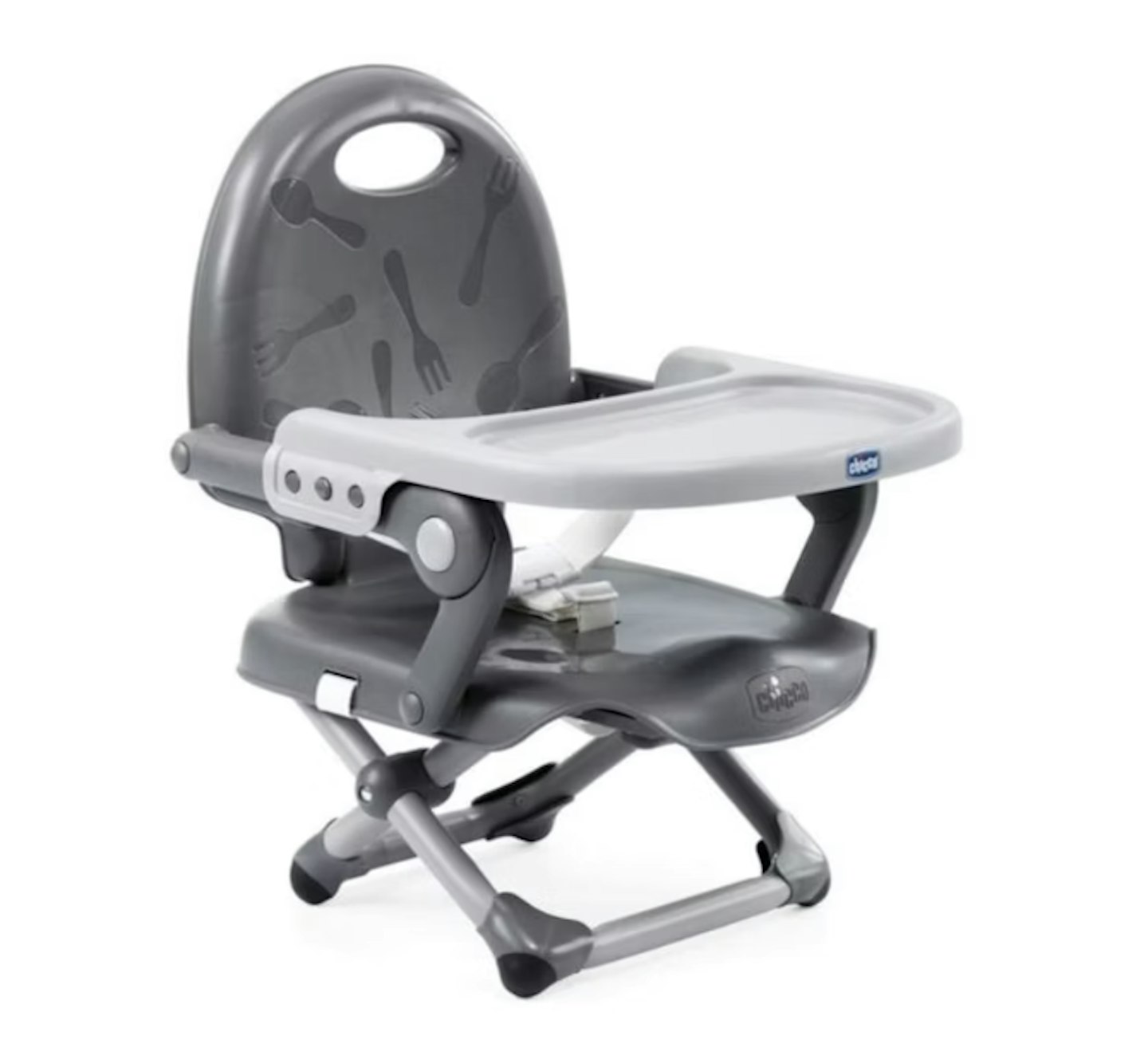 An image of a foldable highchair grey and white