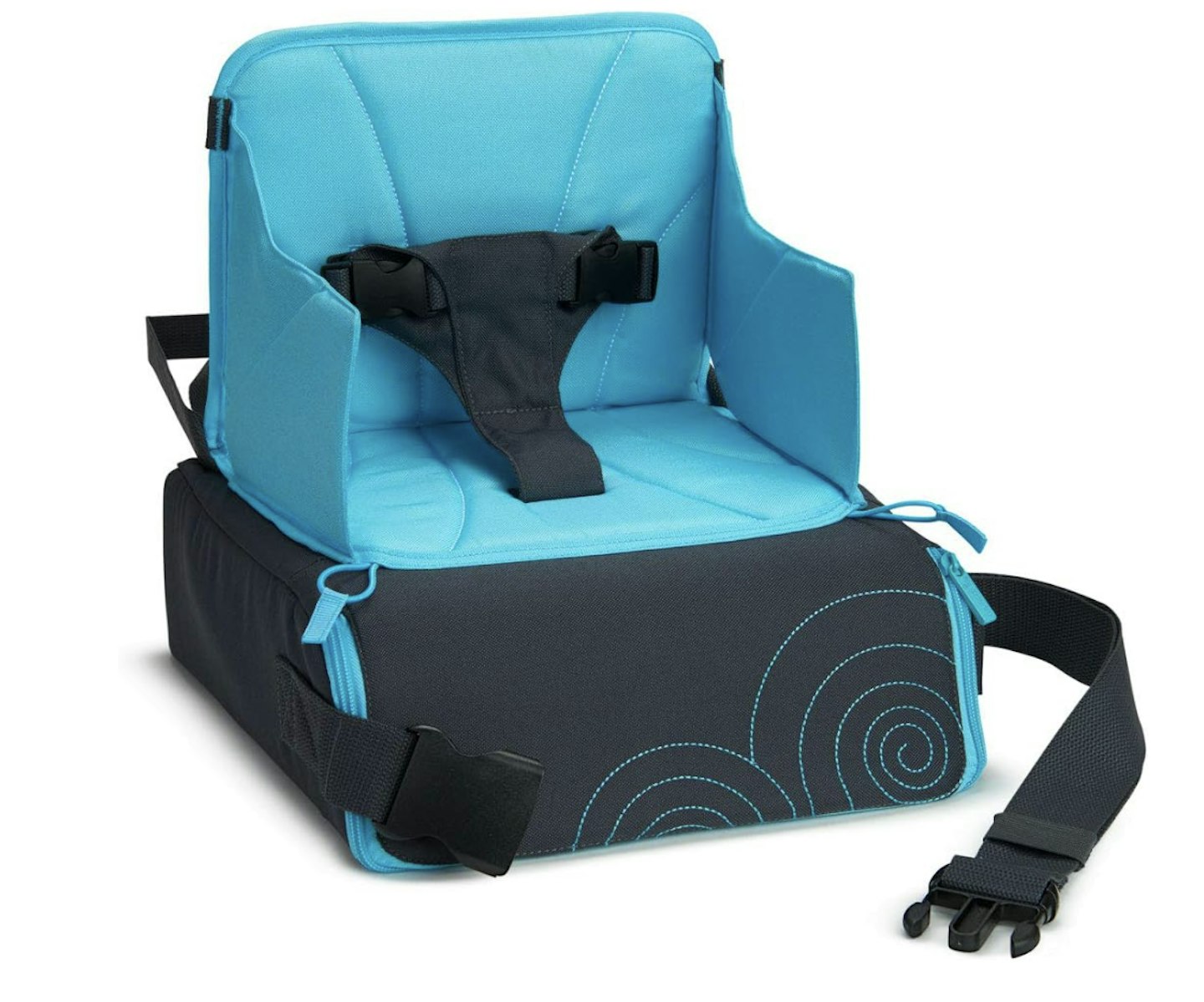 An image of a foldable highchair blue and black
