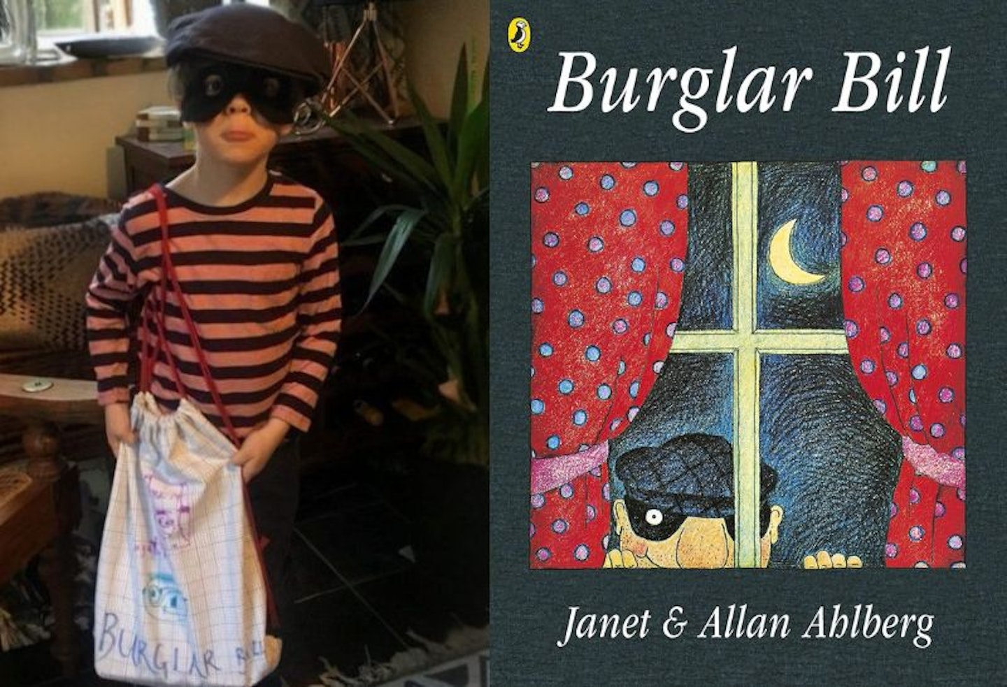 A split image with a photo of a boy dressed as burglar bill and a front cover image of the book on the other side