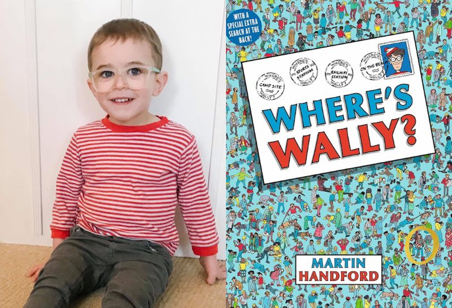 A split image of a boy dressed as Where's Wally in a stripy tshirt with a picture of the front cover of the book on the other side