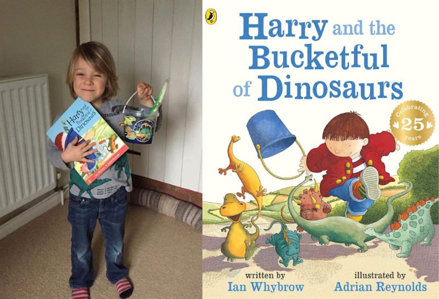 A split image of a boy holding a bucketful of dinosaurs and the front cover of Harry and the bucketful of dinosaurs