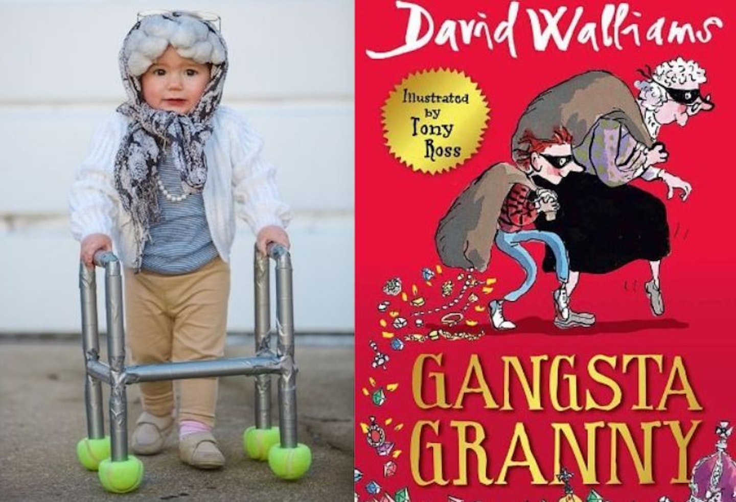 split image of a toddler dressed up in a homemade gangsta granny costume and a front cover image of the book