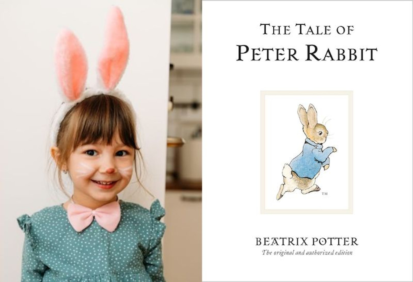 A photo of a girl dressed up as a rabbit next to an image of the front cover of Peter Rabbit