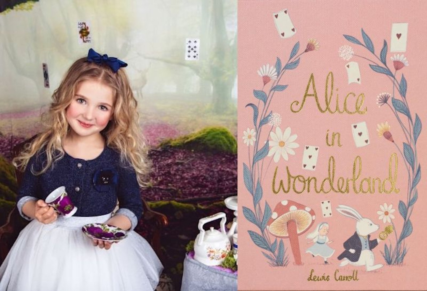 a photo of a girl dressed up in a homemade Alice in wonderland costume next to an image of the book