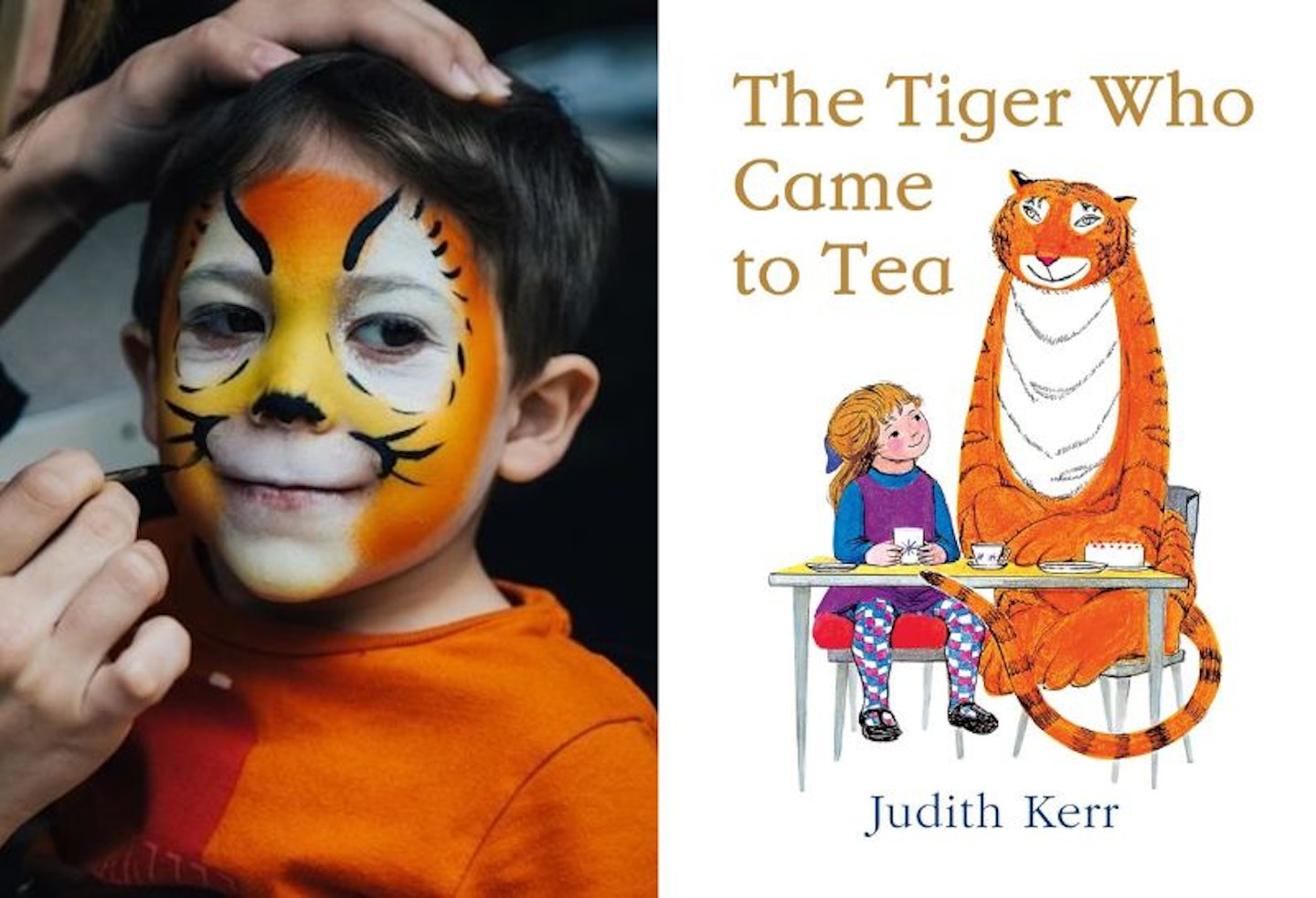 A split image of the tiger who came to tea book and a little boy having his face painted like a tiger