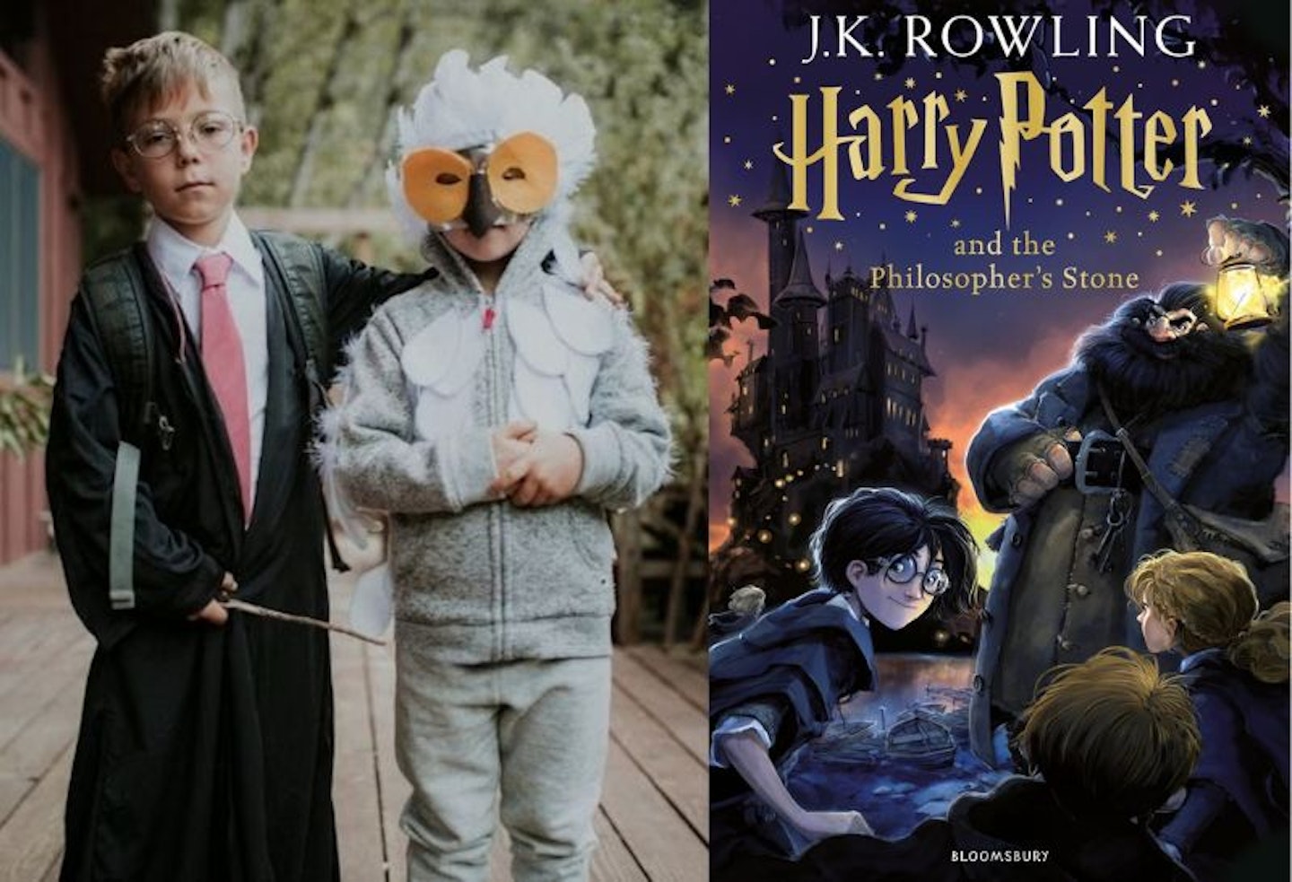 A split image of two children dressed up as Harry Potter and Hedwig, with a=n image of the front cover of Harry Potter book