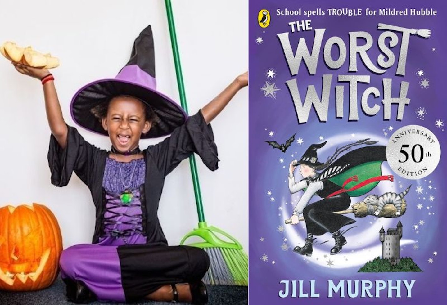 A split image of a girl dressed as a witch, with a copy of the book , the worst witch