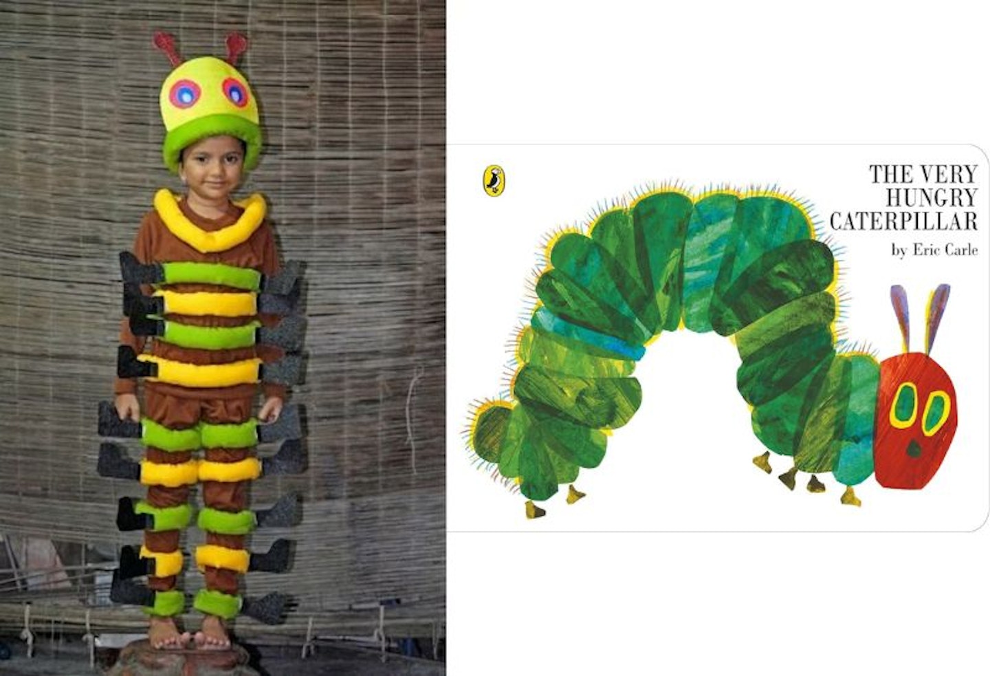 Split image of a boy dressed in a homemade caterpillar costume and a front cover image of the hungry caterpillar