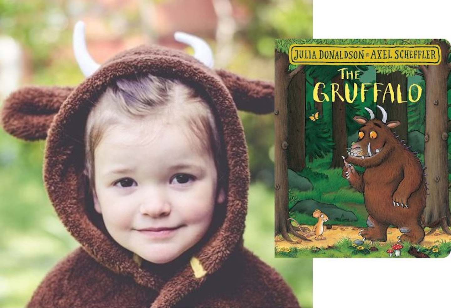 A little girl wearing a brown dressing gown to be the Gruffalo with a copy of the book