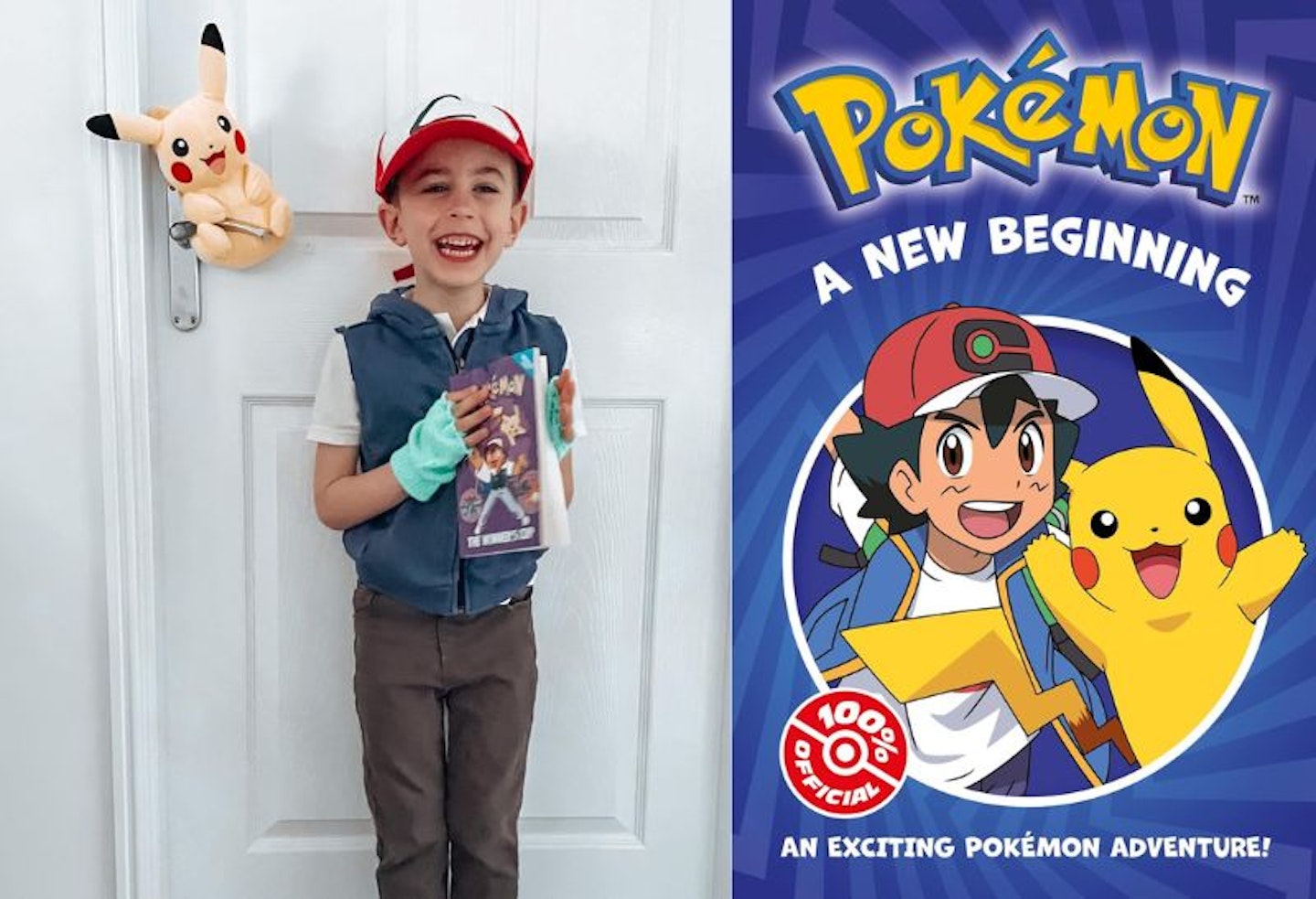 A split image of a boy dressed as Ash Ketchum from Pokemon and a front cover image of the book