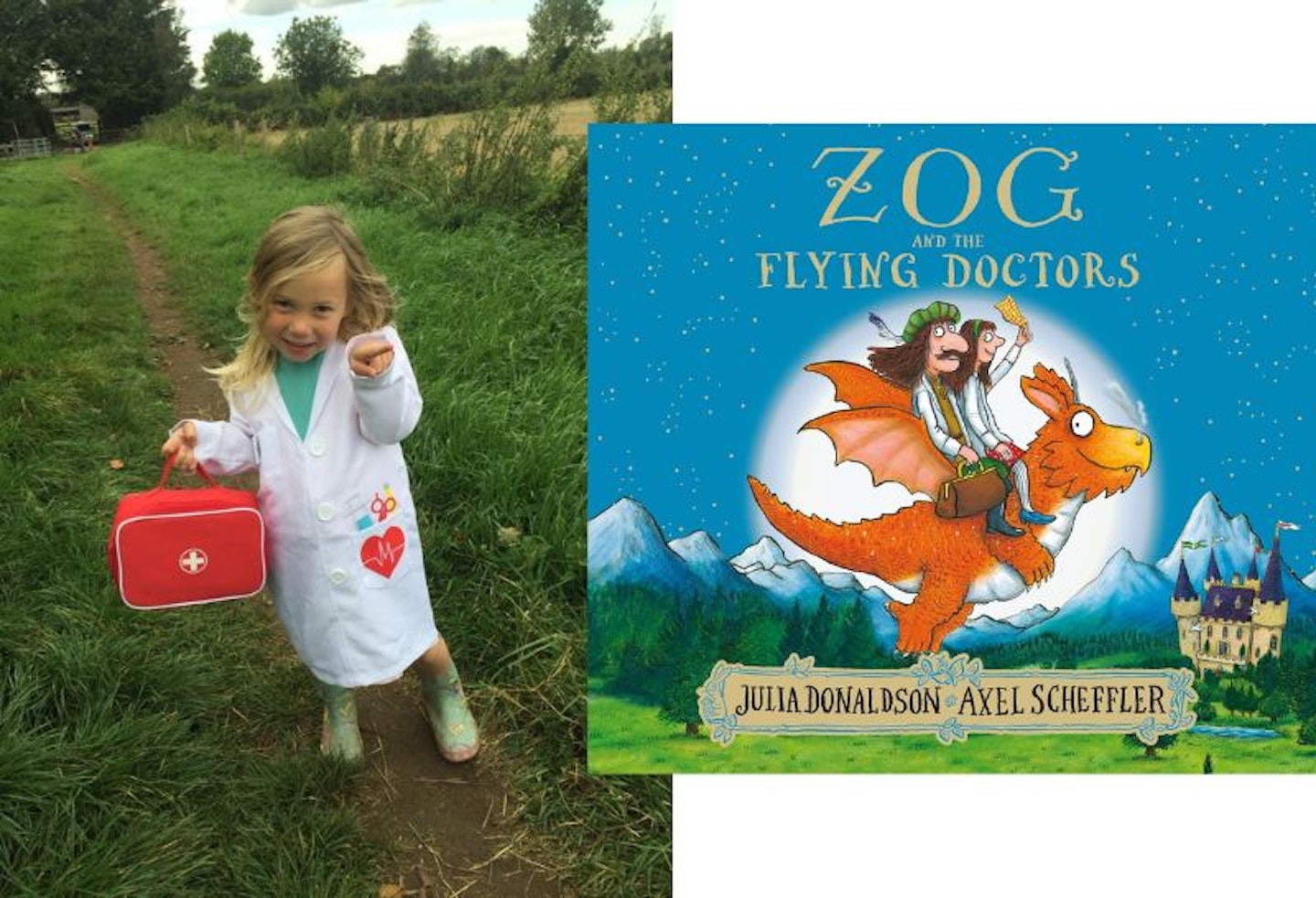 Split image of a girl dressed as a doctor and the book - Zog and the flying doctors