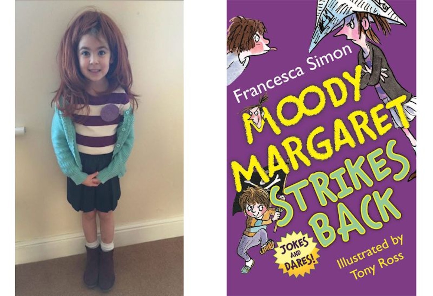 Twi images showing a girl dressed as Moody Margaret and the front cover of the book - Moody Margaret Strikes Back