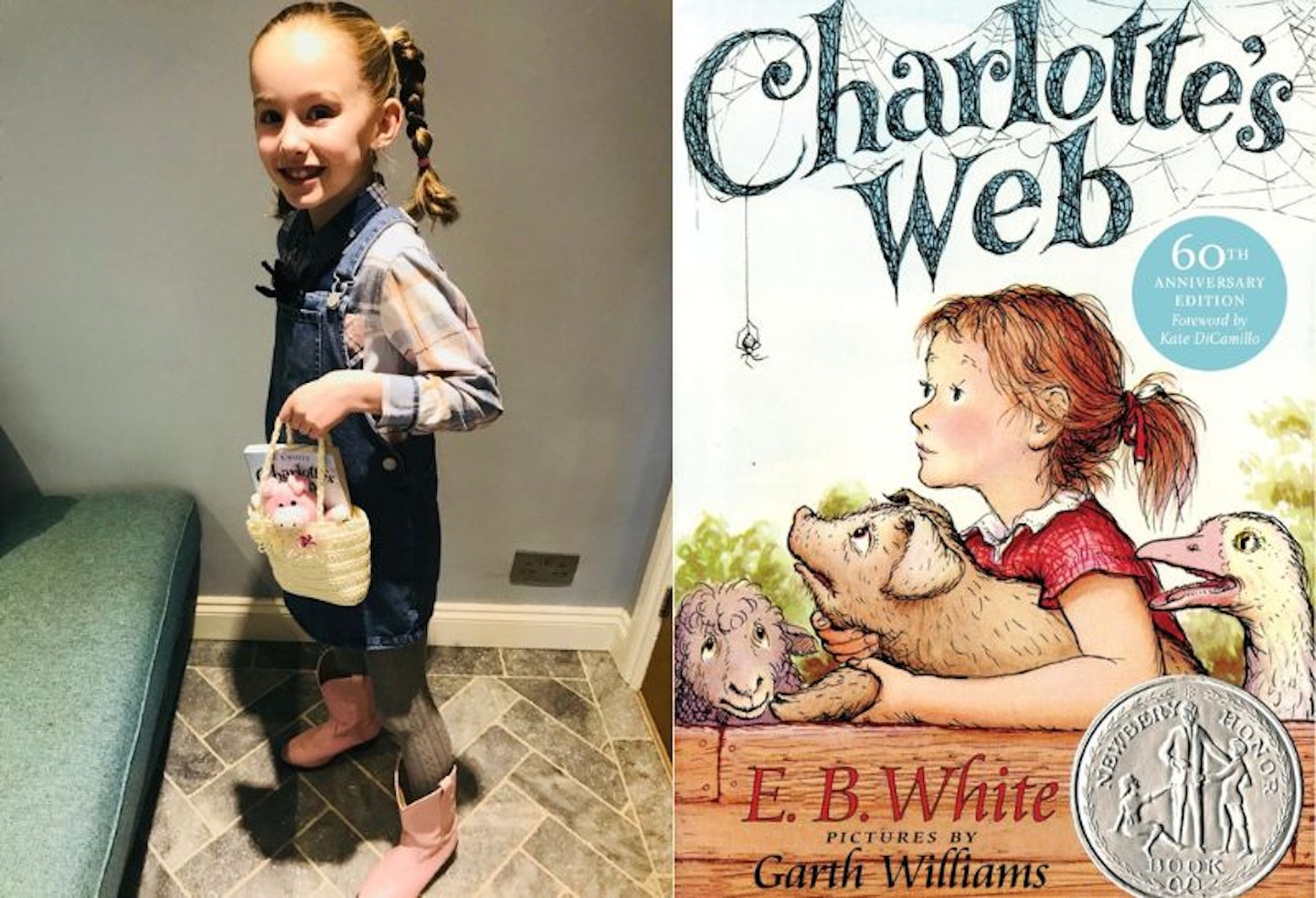 Split image of a girl dressed as Fern from Charlotte's Web in dungarees and a checked shirt, and a front cover image of the book