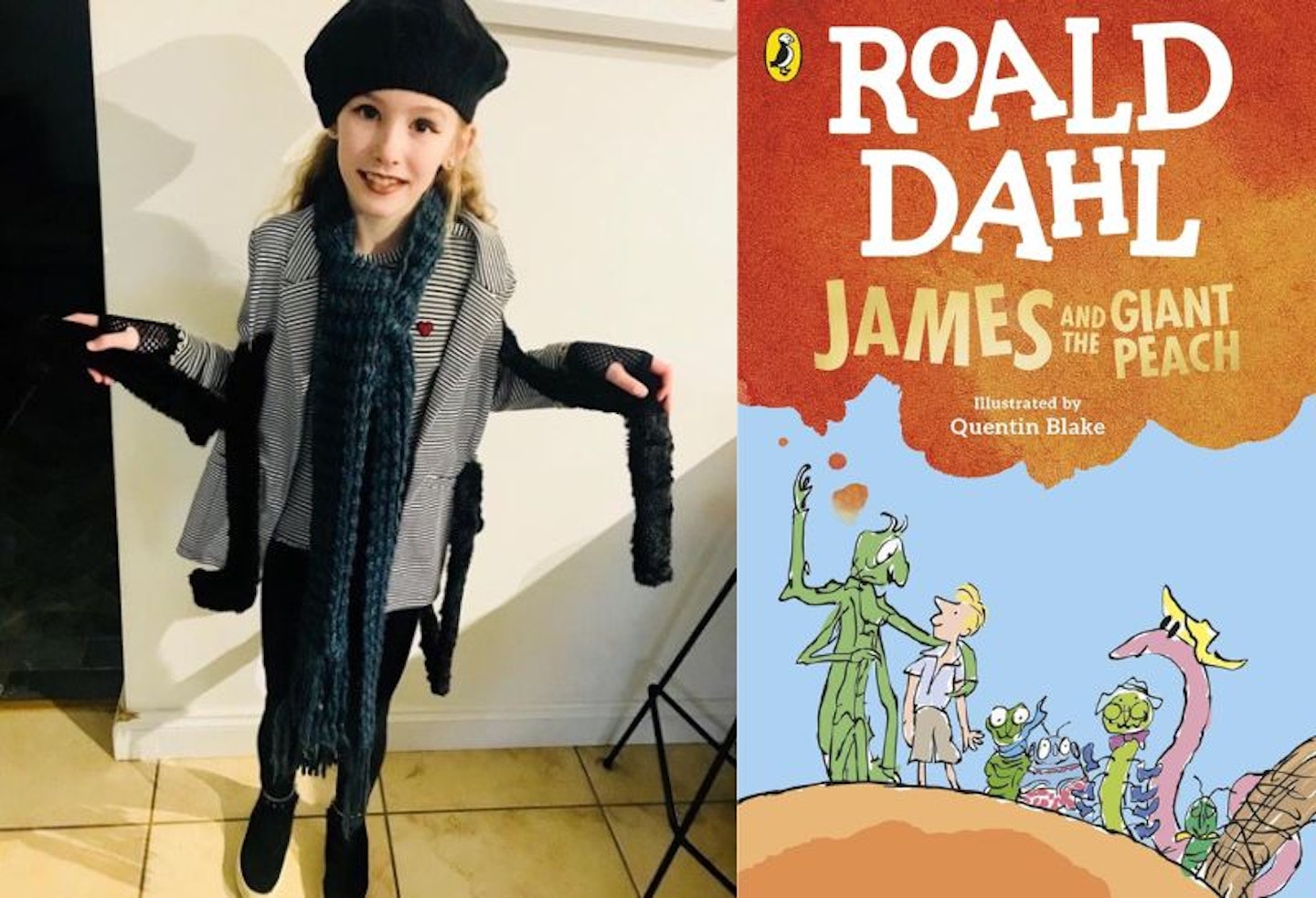 A girl dressed in a Miss Spider costume from James and the Giant peach with the front cover of the book on the other side