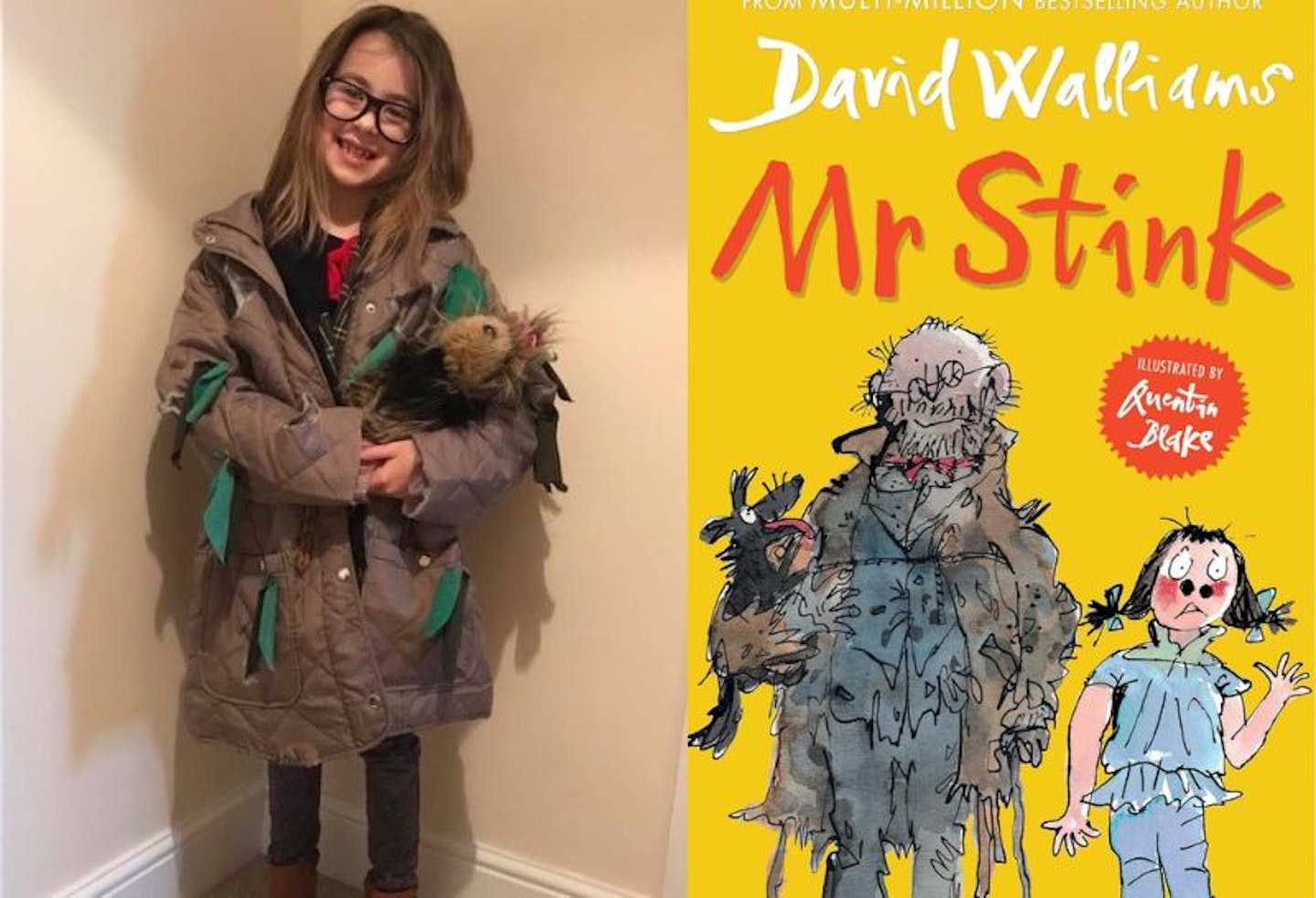 A split image of a girl dressed as Mr Stink in an old, ragged coat and a front cover image of the book