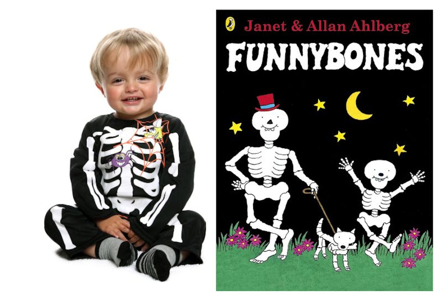 A photo of a toddler in a skeleton costume next to an image of the front cover of Funny Bones