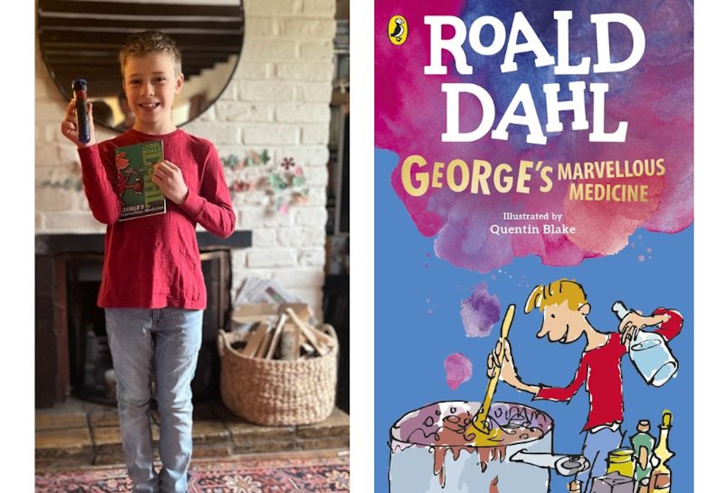 A boy dressed in a red t-shirt and jeans holding a copy of Georges Marvellous medicine and a 'potion' bottle