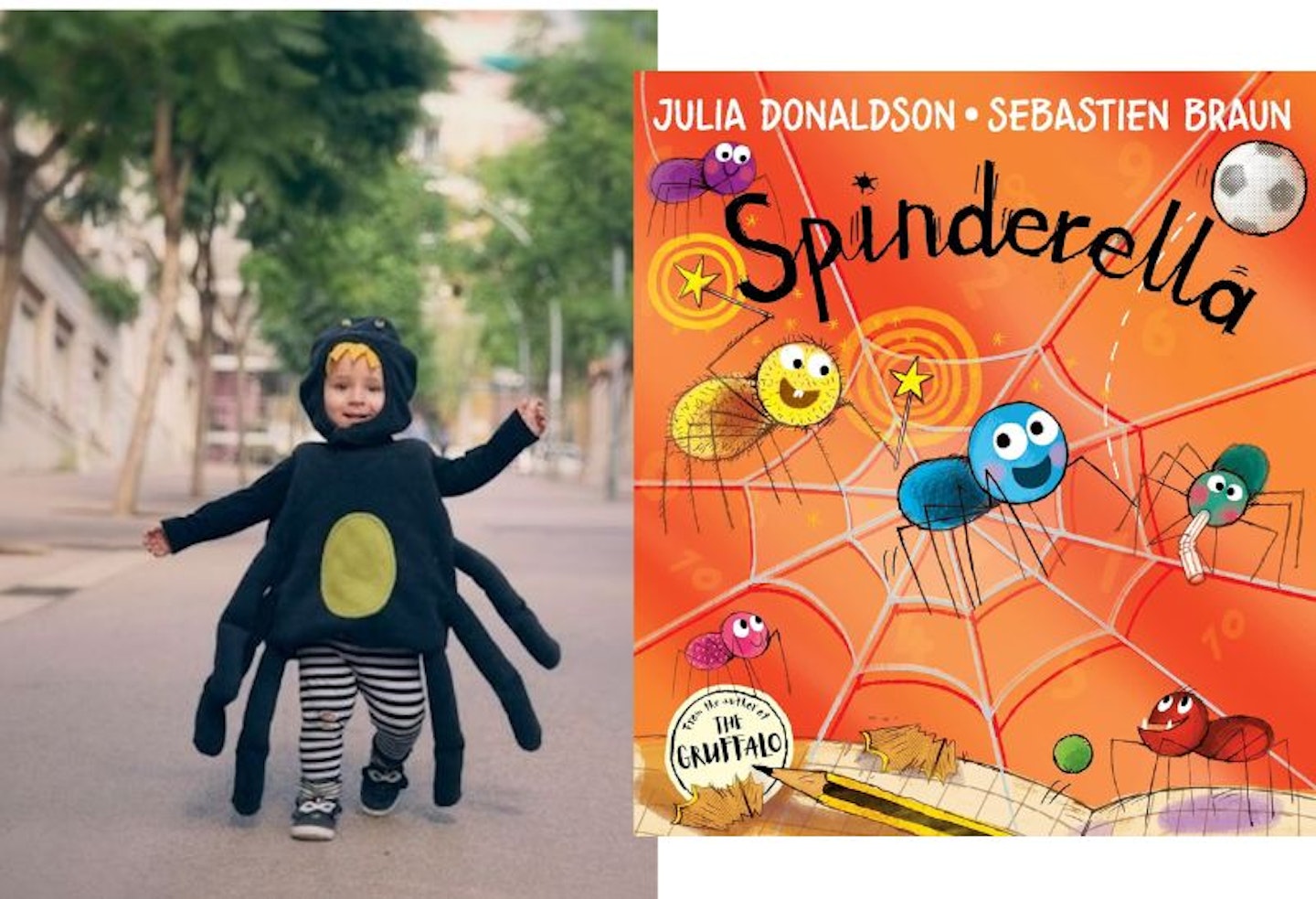 A little boy in a spider costume and the front cover of the Spinderella book