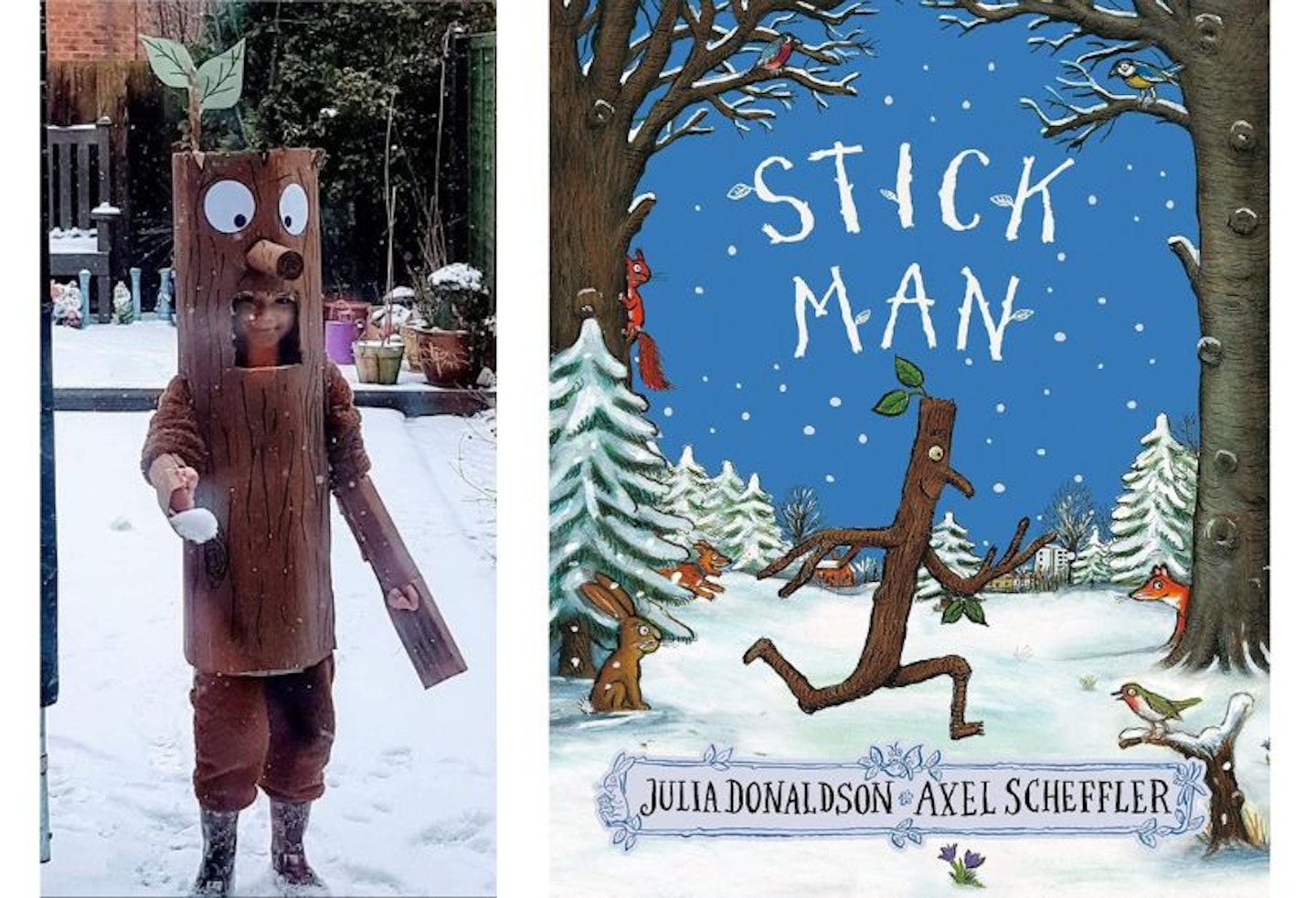 A Boy dressed in a home made stickman costume and copy of the book