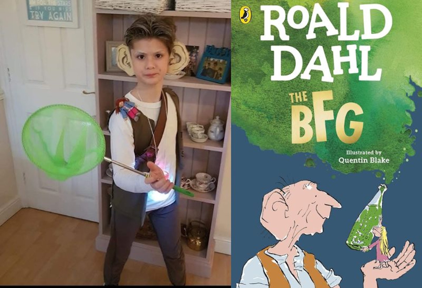 A boy dressed as the BFG and an image of the front cover of the book