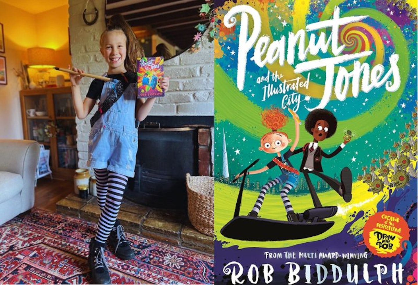 A split image of a girl dressed up as Peanut Jones in dungarees, a black t-shirt and stripy tights, then an image of the front cover of the book on the other side