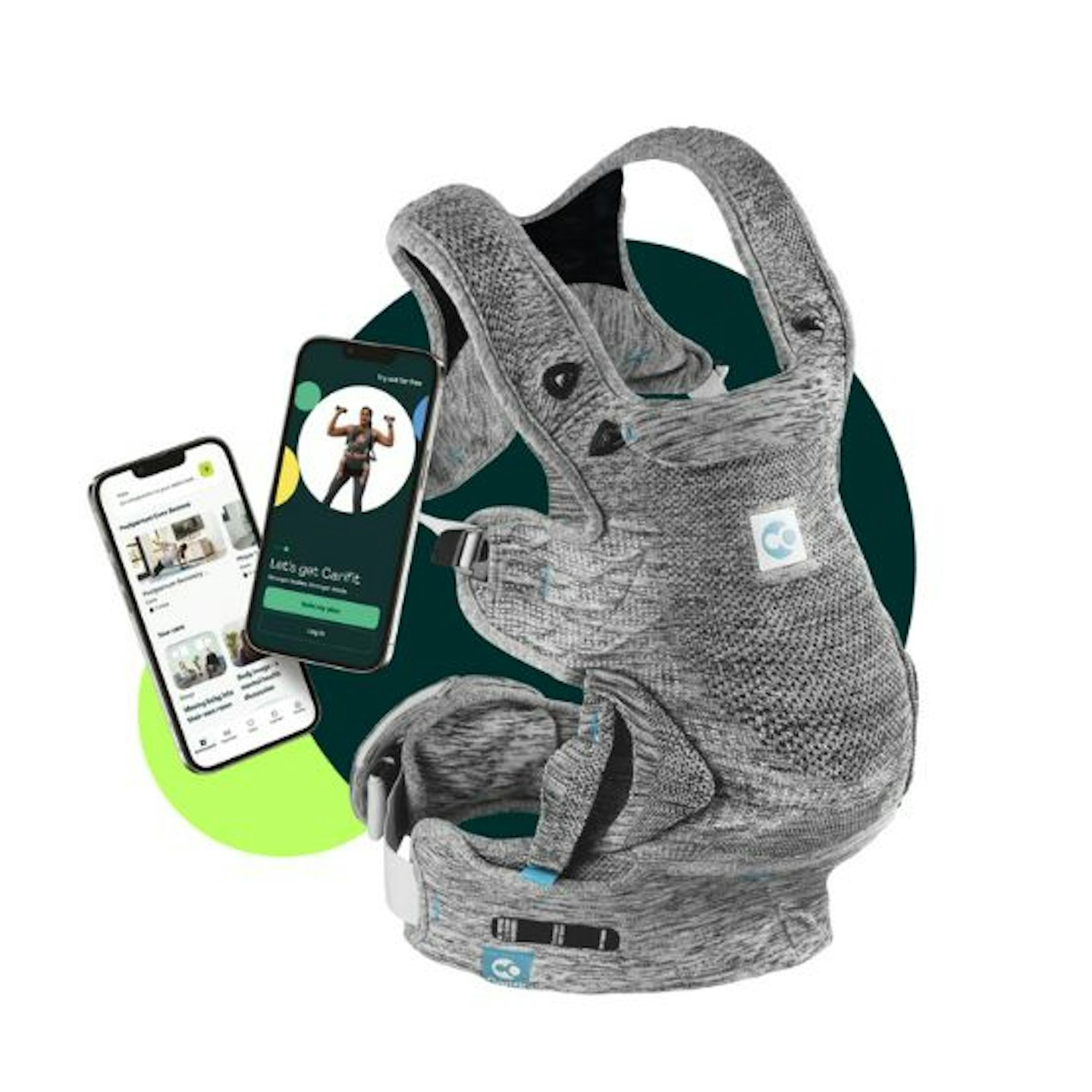 The carifit+ baby carrier with a mobile phone showing the Caritfit+ app