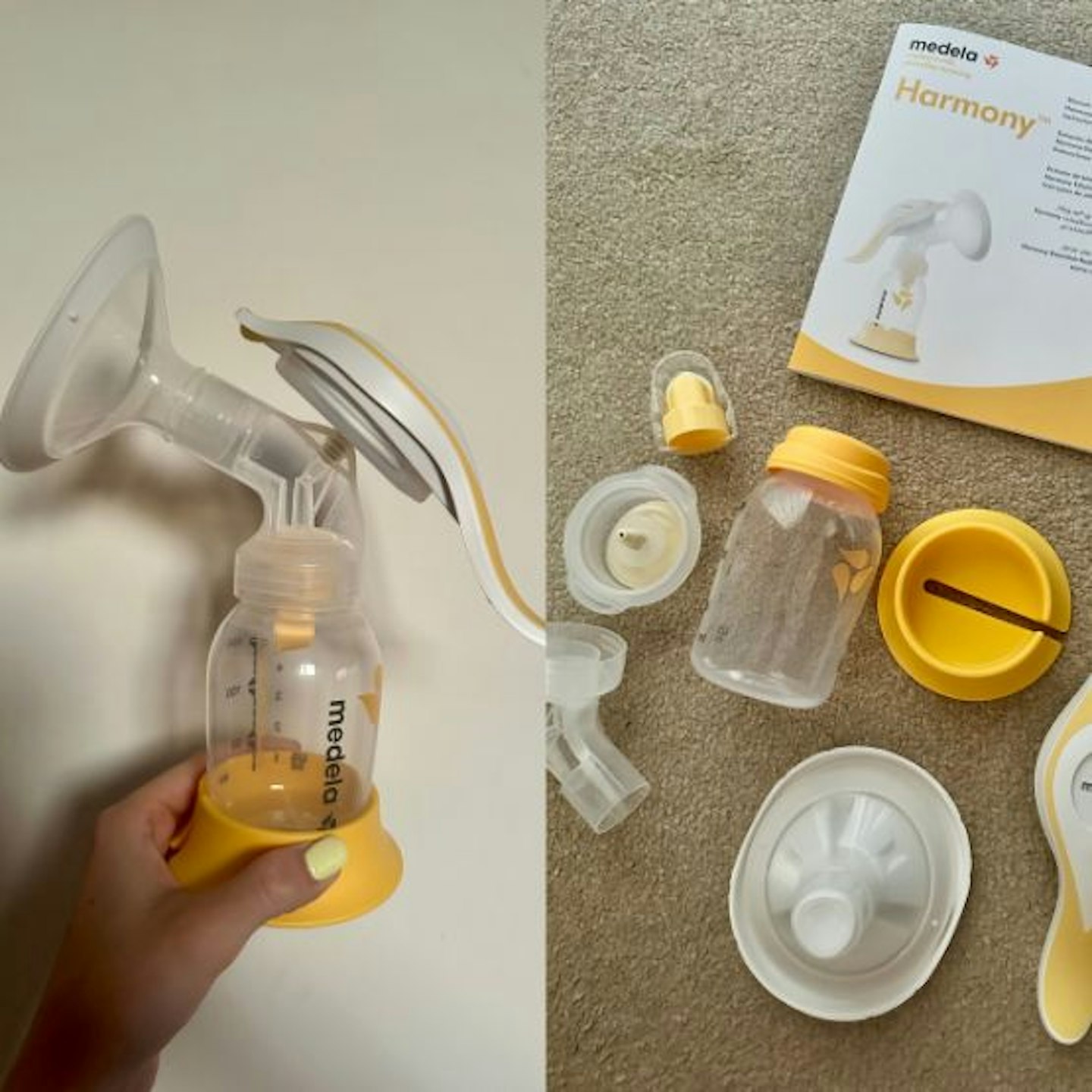 Two images of the Medela Harmony Flex breast pump ready to be tested