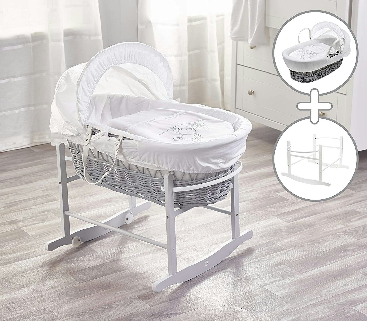 Wicker Moses Basket & Deluxe Dove Grey Rocking Stand