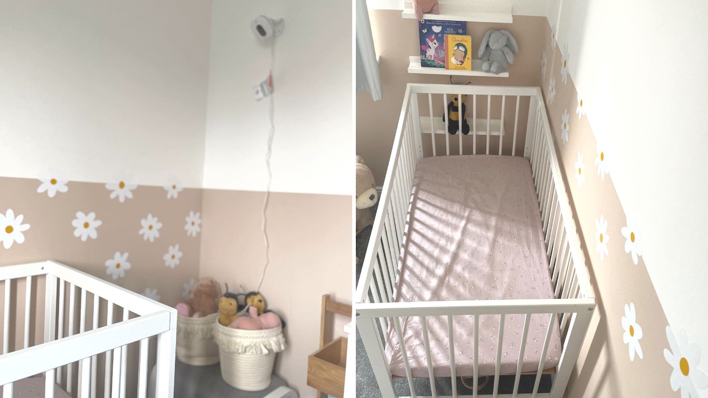 Angelcare Ac327 baby monitor mounted on wall showing camera angle