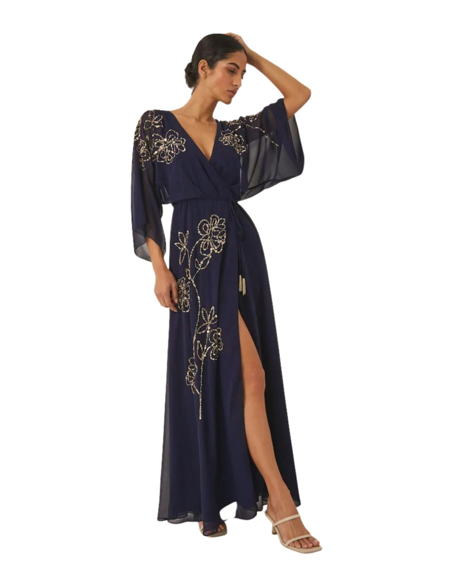 skyla floral embellished maxi wrap dress blue