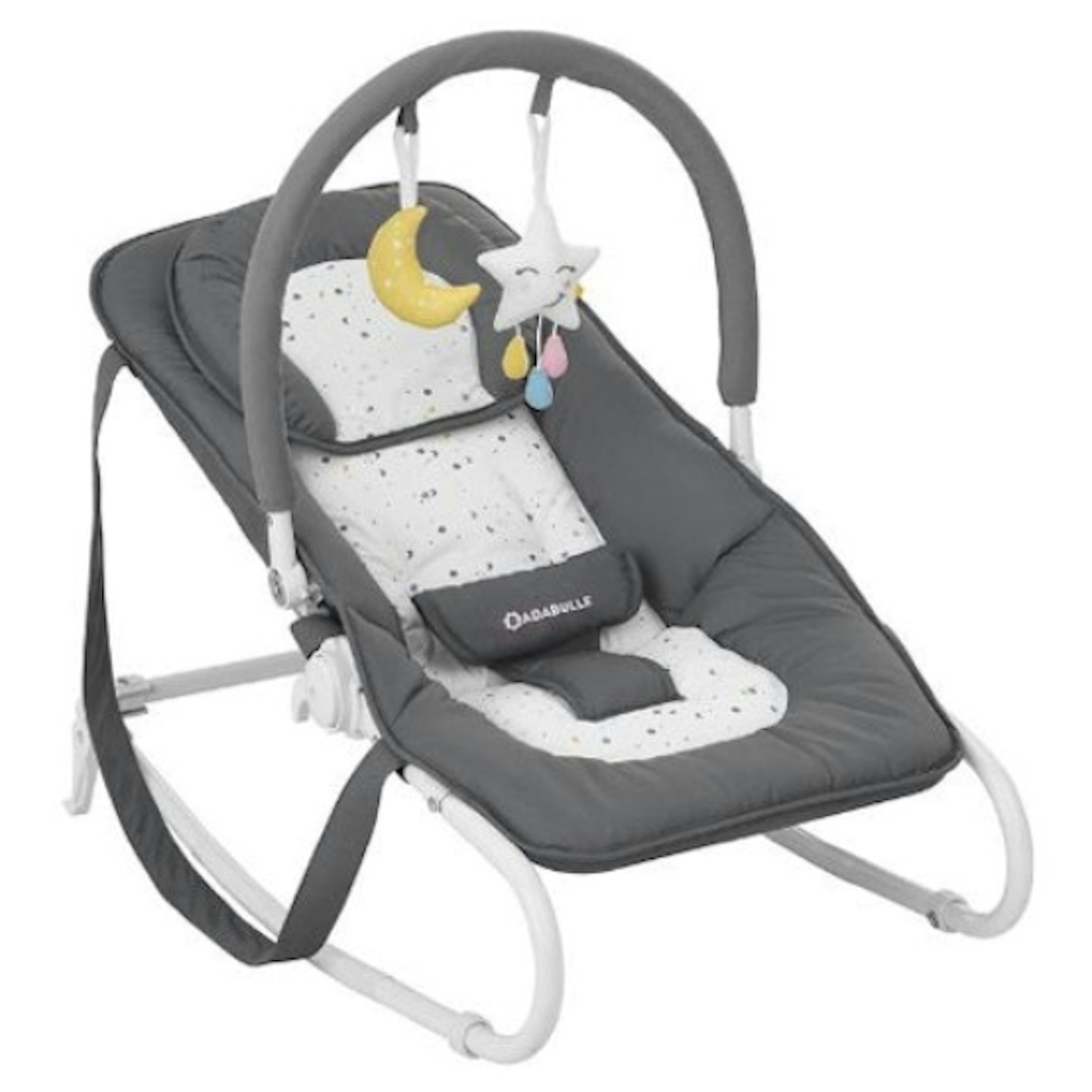 dark grey baby bouncer with hanging moon and star toys