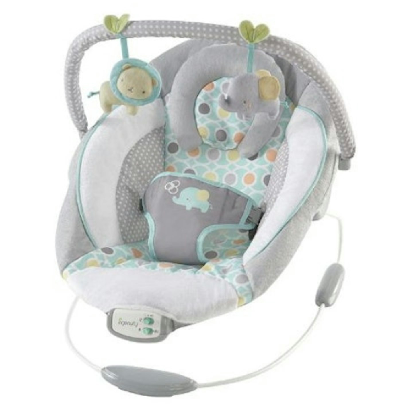 Pale grey with white spots padded baby bouncer with hanging animal toys