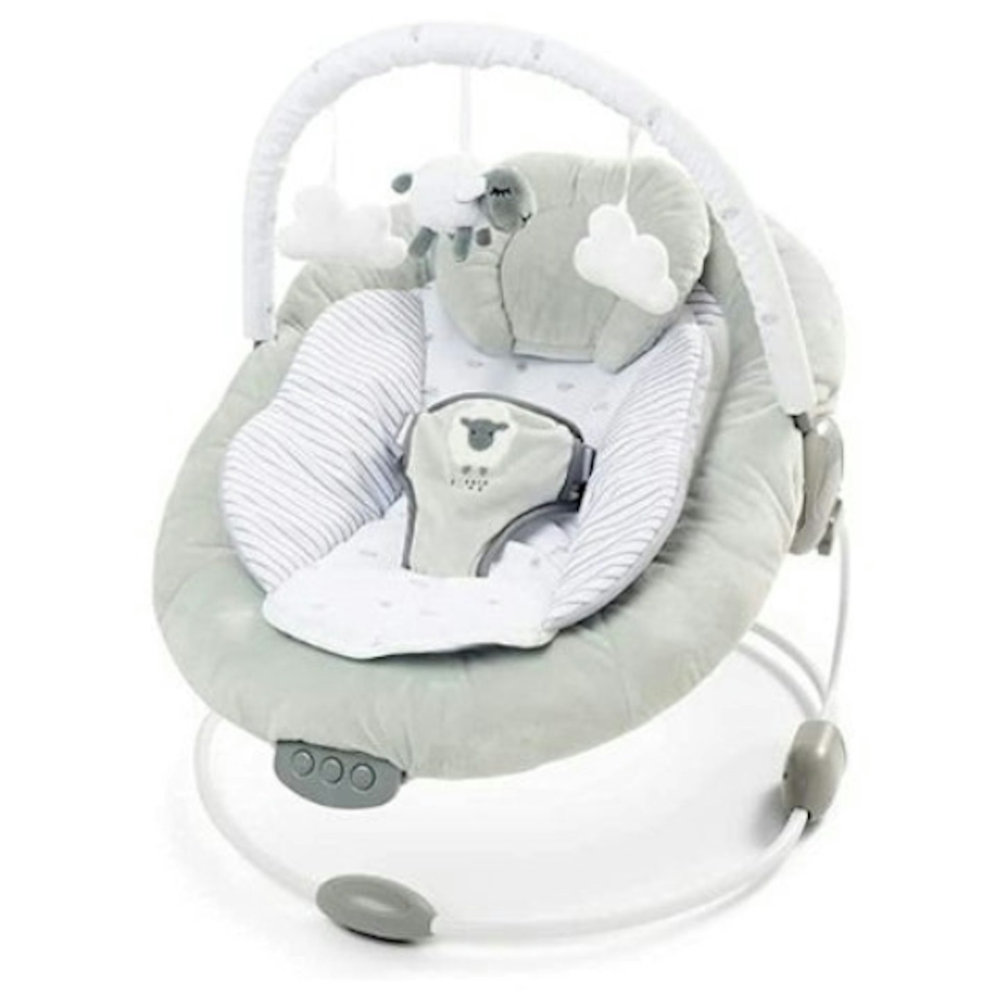 light grey padded baby bouncer with hanging sheep and cloud toys