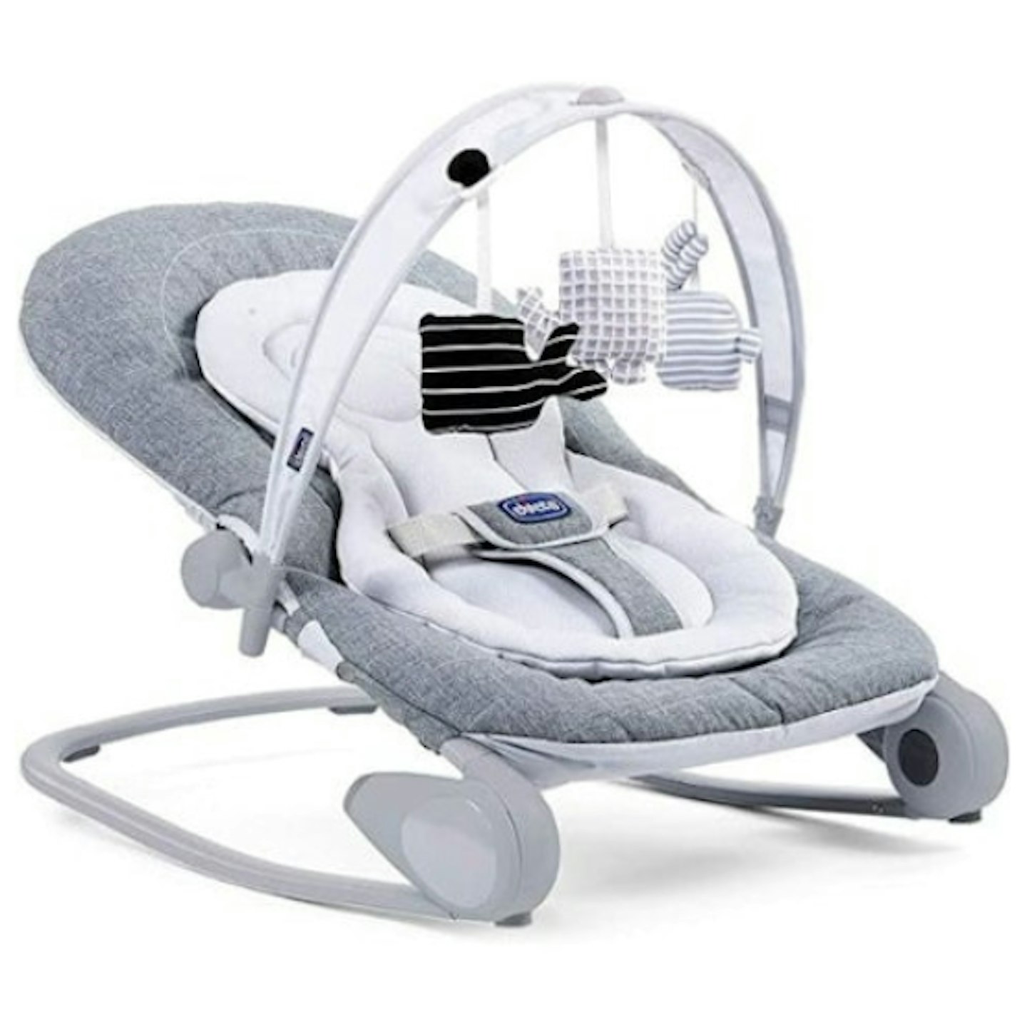 grey baby bouncer with hanging toys
