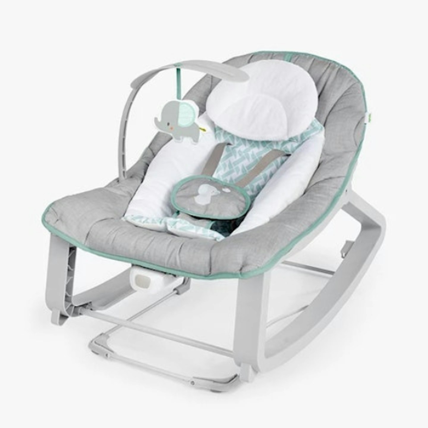 grey baby bouncer and rocker with green trim and hanging elephant toy