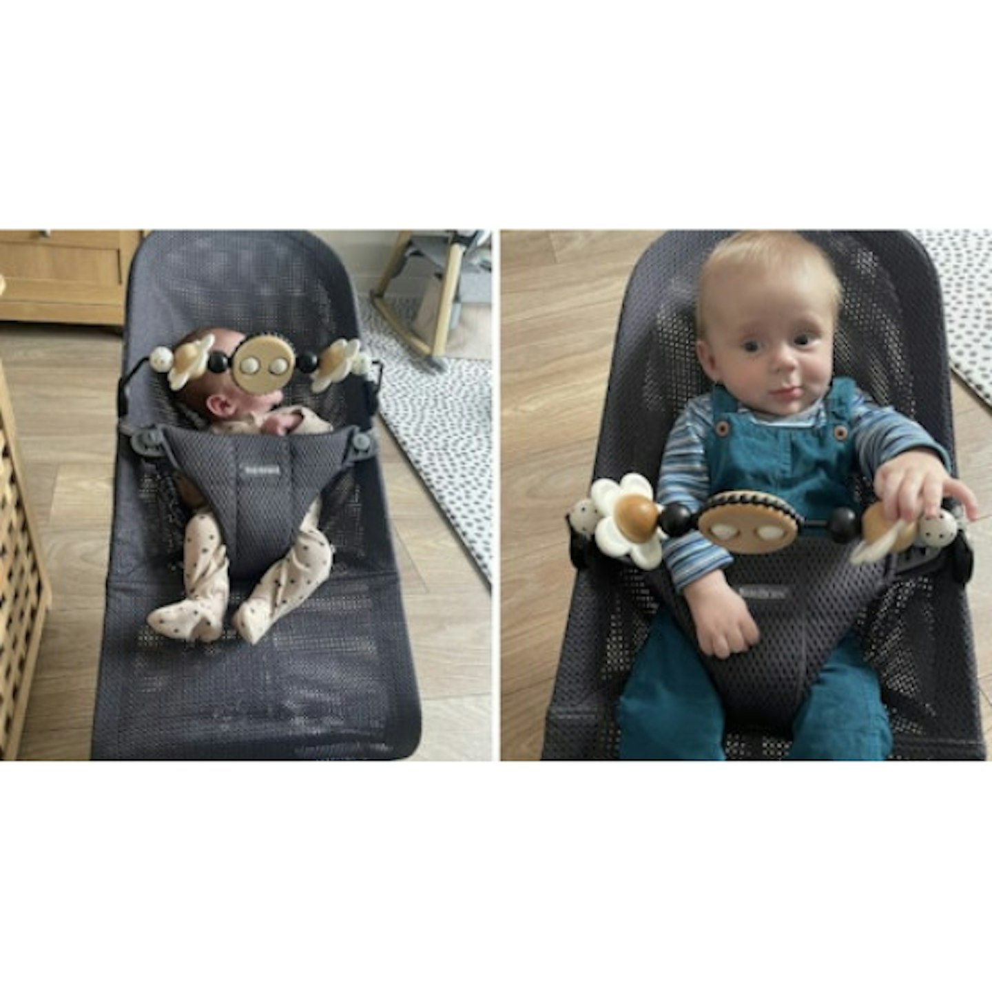 comparison of newborn and toddler sitting in a dark grey baby bouncer with toys