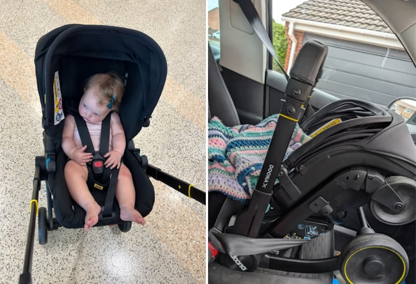A little girl testing the Doona X as a car seat and pram