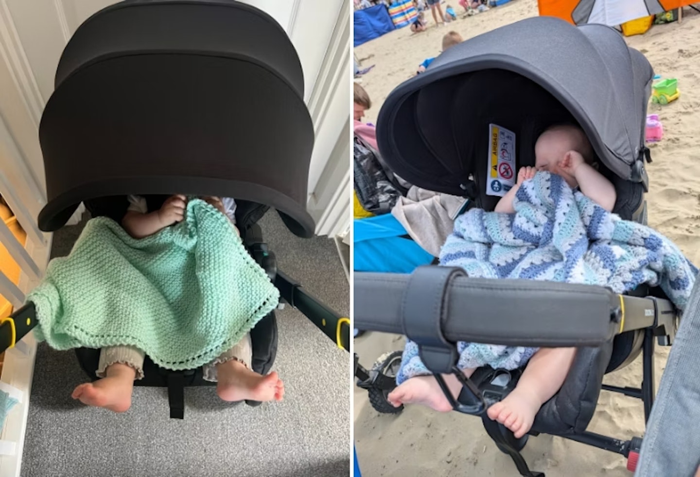 Two babies testing the Doona X car seat in the pram feature using the canopy.