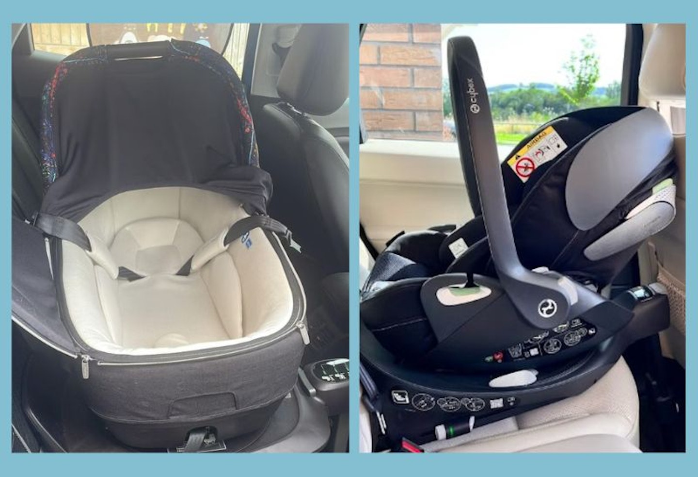 Two lie flat car seats side by side - the Nuna Cari and Cybex T