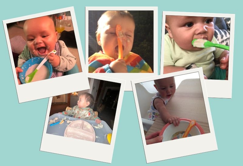 A selection of photos showing real life babies eating baby rice