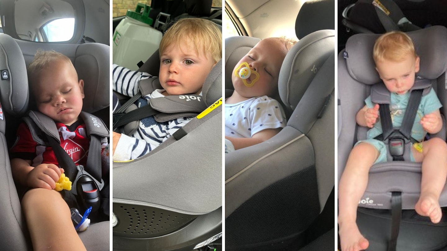 A collage of children testing the Joie-360 car seat. Two children are asleep and two are awake.